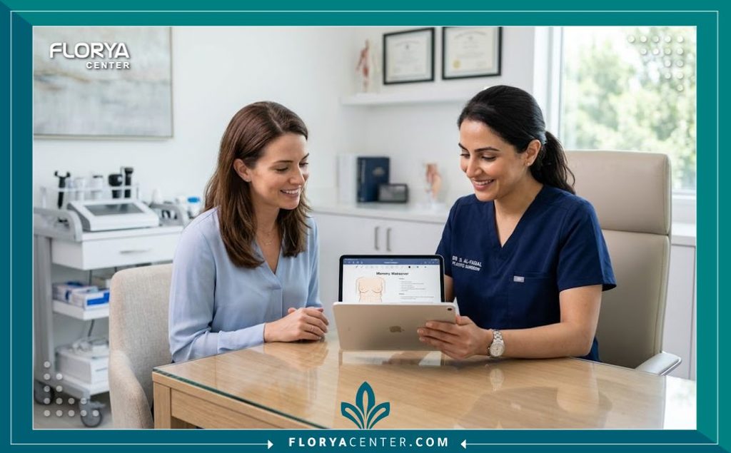 استشارة طبية متخصصة لعملية مامي ميك اوفر داخل غرفة حديثة في أفضل مستشفيات جراحة التجميل.