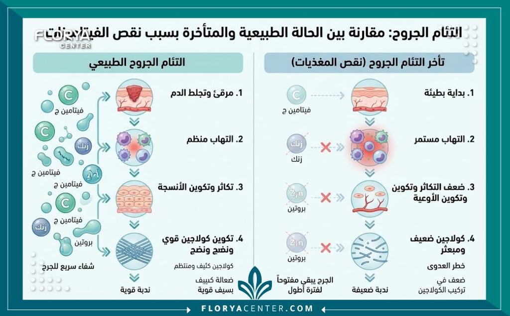 إنفوجرافيك يوضح تأثير الفيتامينات والبروتين على سرعة التئام الجروح بعد عمليات شد الترهلات.