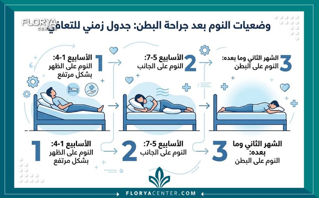 إنفوجرافيك يوضح الجدول الزمني لوضعيات النوم الصحيحة بعد شد البطن ومتى اقدر انام على بطني بعد الشد.