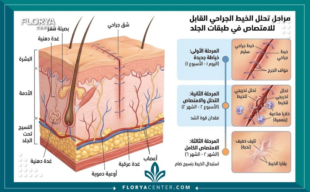 رسم توضيحي طبي لطبقات الجلد يشرح علمياً كيف ومتى تذوب الخيوط الجراحية بعد عملية الشد.