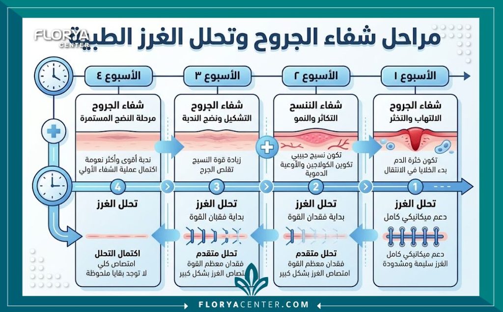 إنفوجرافيك يوضح الجدول الزمني لمراحل تعافي الجرح والمدة المتوقعة لتساقط أو ذوبان غرز الشد.