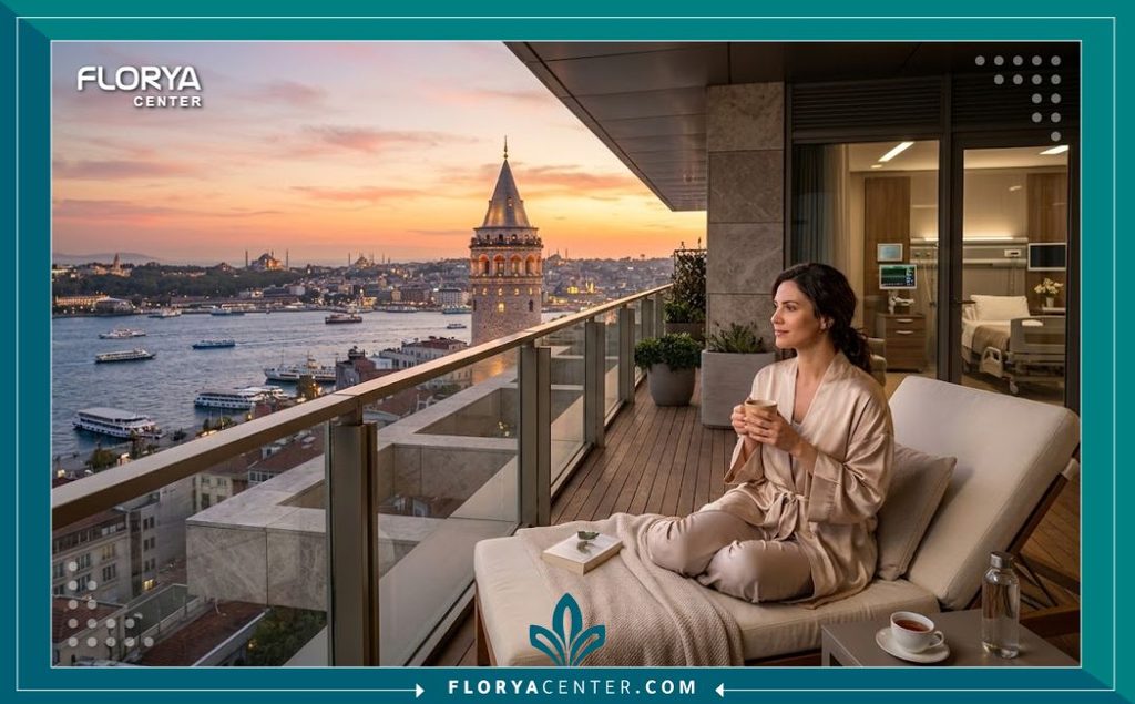 مريضة تقضي فترة النقاهة بعد عملية الشد في غرفة مستشفى VIP فاخرة مطلة على مضيق البوسفور في إسطنبول، تركيا.
