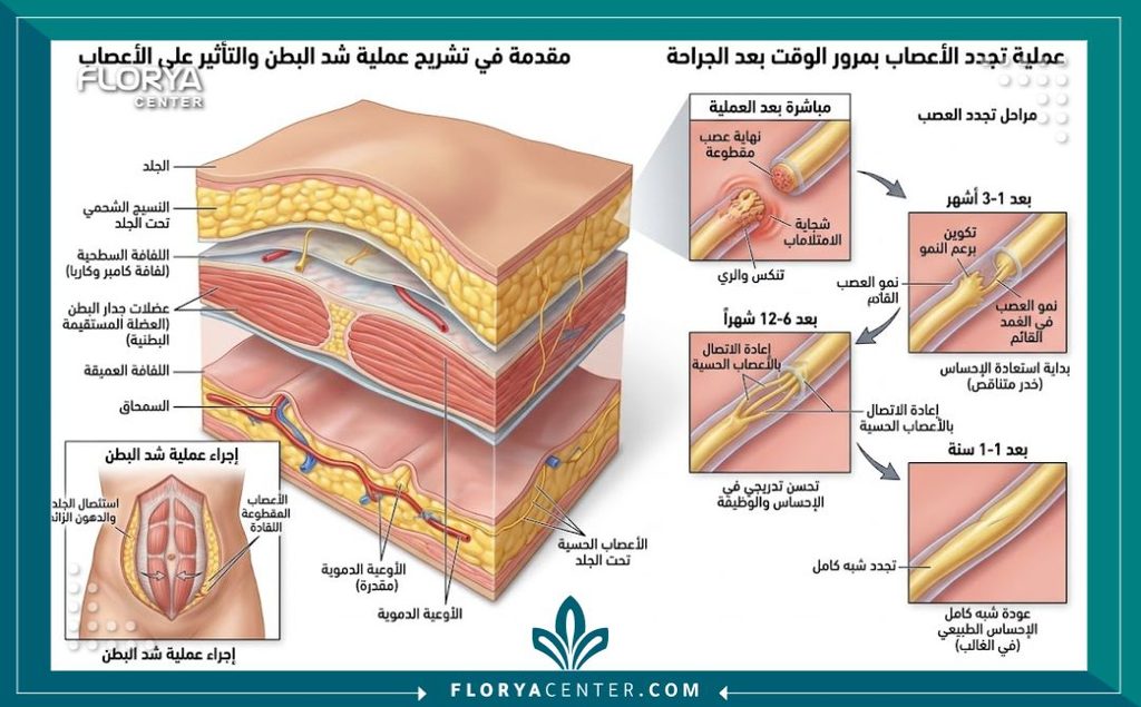 رسم طبي توضيحي يشرح تشريح أعصاب جدار البطن ومراحل التئام الأعصاب المقطوعة وعودة الإحساس بعد عملية شد البطن.