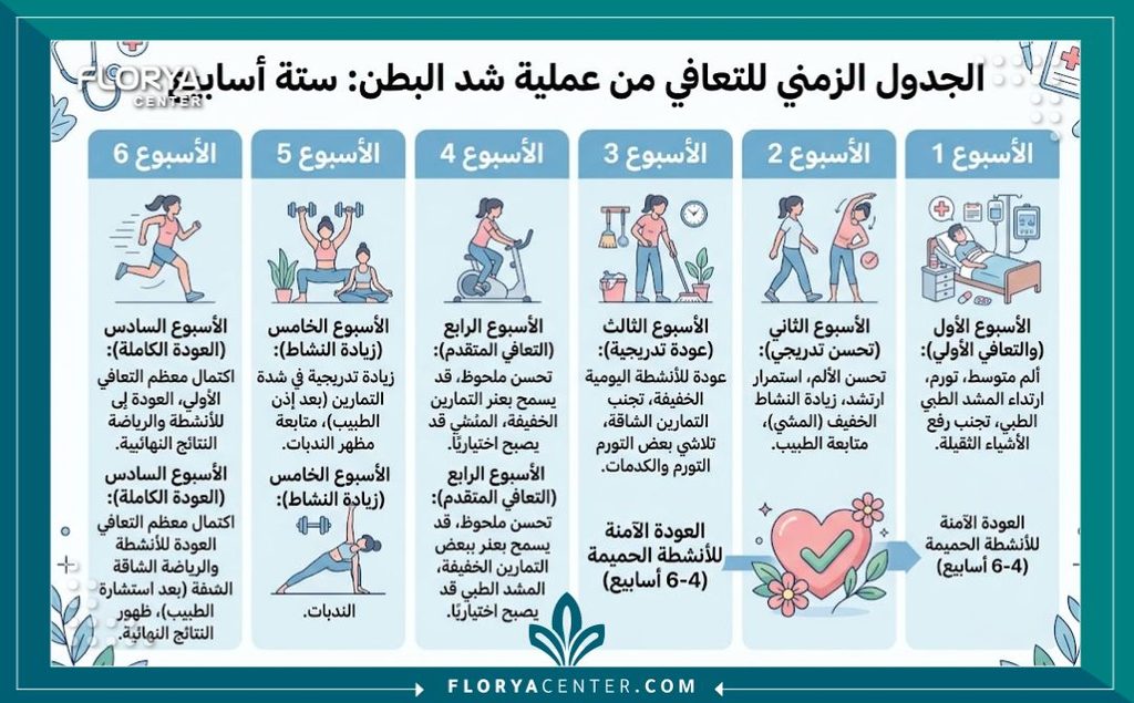 متى يسمح بالجماع بعد عملية شد البطن 3 إنفوجرافيك طبي يوضح الجدول الزمني للتعافي ومتى يسمح بالجماع بعد عملية شد البطن بأمان.