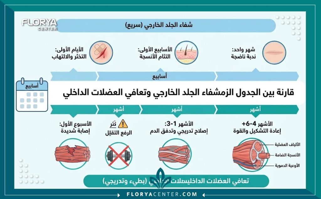 إنفوجرافيك يوضح الجدول الزمني متى يلتئم الجرح الداخلي بعد شد العضلات الداخلي وشفاء العضلات مقارنة بالجرح الخارجي، مع نصائح لتجنب المجهود البدني.