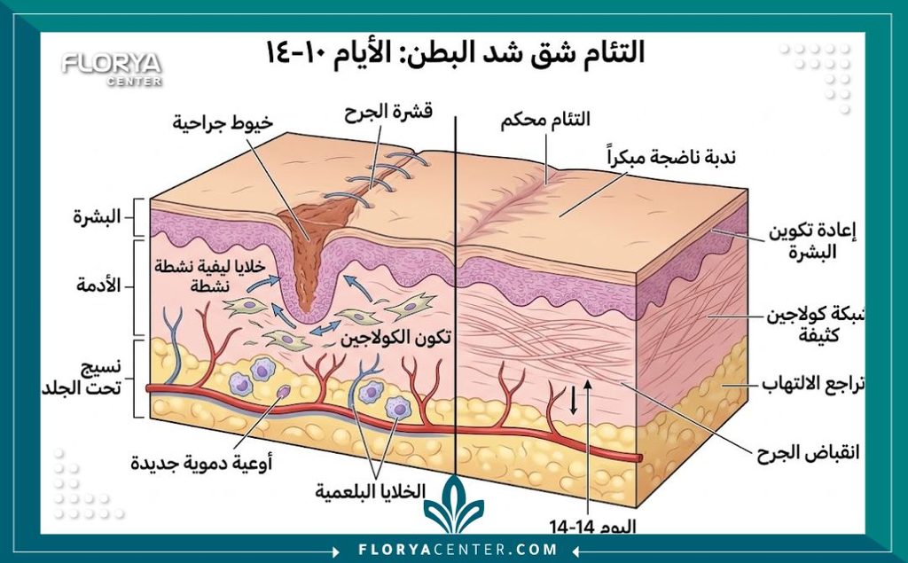 رسم توضيحي طبي مفصل لطبقات الجلد يوضح مراحل التئام جرح شد البطن خلال أول 10 إلى 14 يوماً.