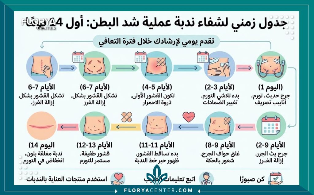 إنفوجرافيك يوضح التسلسل الزمني لمراحل التئام جرح عملية شد البطن لضمان الطمأنينة للمريض.