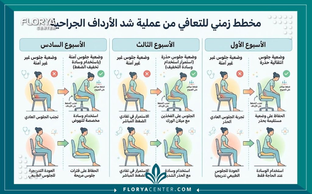 إنفوجرافيك يوضح الجدول الزمني للتعافي ومتى يمكن الجلوس بعد عملية رفع المؤخرة بشكل طبيعي وأمان تام .