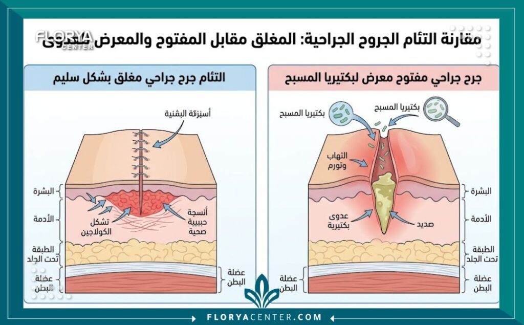 متى يمكن السباحة بعد عمليات النحت والشد 2 رسم توضيحي طبي يوضح مراحل التئام الجروح بعد عملية الشد ومخاطر تعرض الشق الجراحي لبكتيريا المسابح.