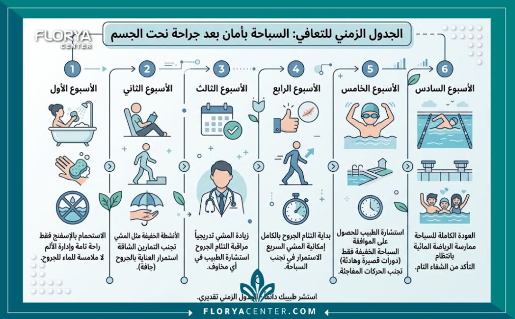 متى يمكن السباحة بعد عمليات النحت والشد 3 إنفوجرافيك يوضح الجدول الزمني المسموح به السباحة بعد عمليات النحت والشد والاستحمام لتجنب التهاب الجروح.