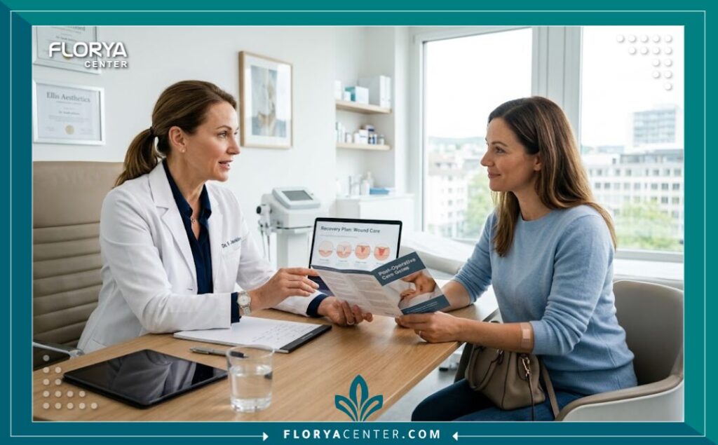 متى يمكن السباحة بعد عمليات النحت والشد 4 طبيب جراحة تجميل يشرح للمريضة تعليمات العناية بالجروح ومتى يمكن السباحة بأمان لتجنب التلوث.