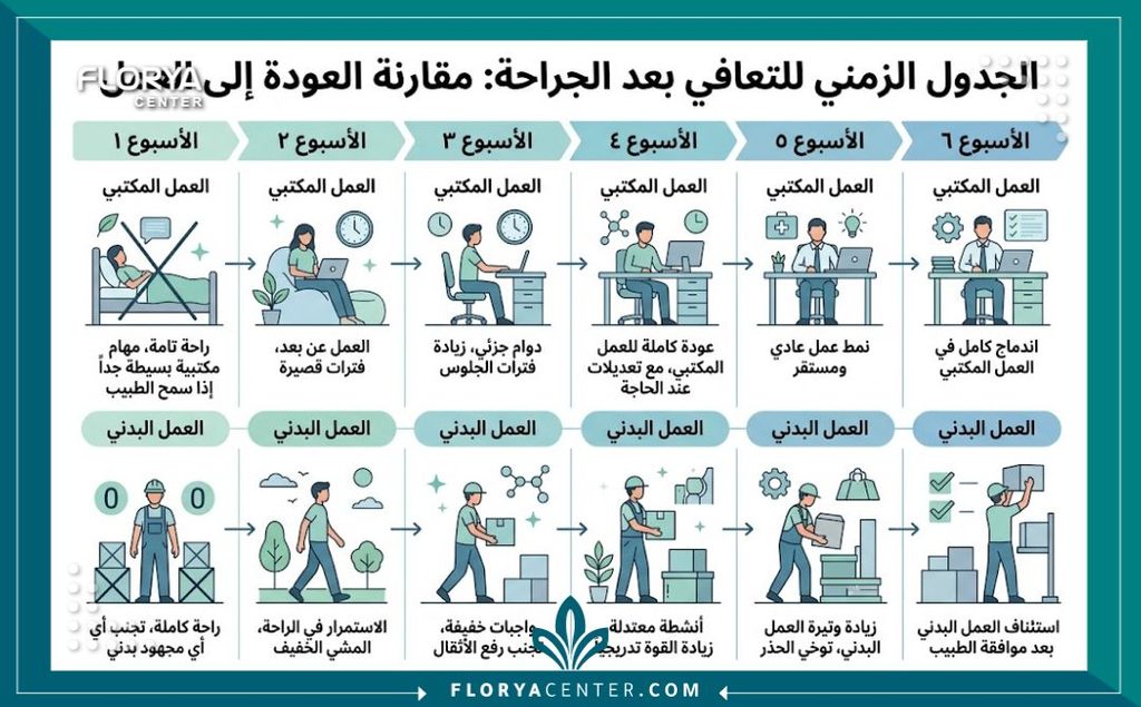 متى يمكن العودة للعمل بعد عملية شد الجسم الحزامي 3 إنفوجرافيك يوضح الجدول الزمني للتعافي ومتى يمكن العودة للعمل بعد عملية شد الجسم الحزامي.