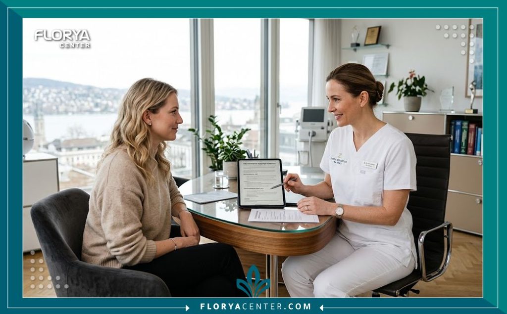 متى يمكن العودة للعمل بعد عملية شد الجسم الحزامي 4 طبيب جراحة تجميل يناقش خطة الإجازة المرضية والعودة للعمل مع مريض في عيادة حديثة.