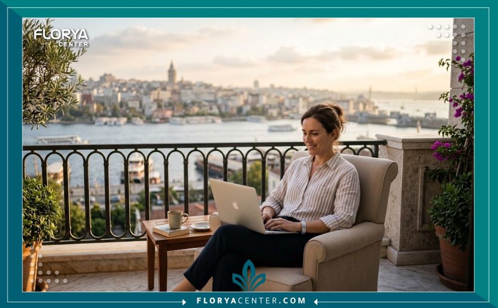 متى يمكن العودة للعمل بعد عملية شد الجسم الحزامي 6 مريضة تمارس عملاً مكتبياً خفيفاً خلال فترة النقاهة في فندق فاخر في إسطنبول بعد جراحة تجميلية.