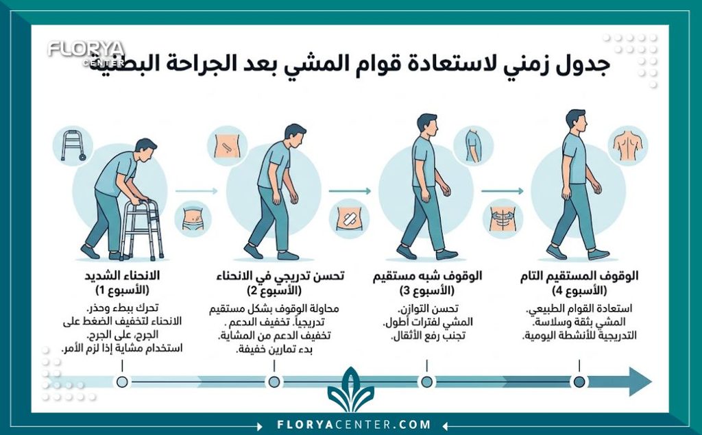 إنفوجرافيك يوضح الجدول الزمني للتعافي ومتى يمكن المشي بشكل مستقيم تماماً بعد شد البطن.