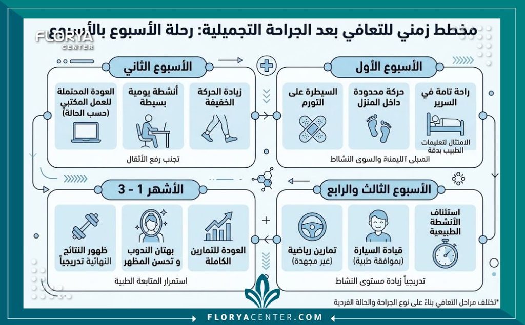 إنفوجرافيك يوضح الجدول الزمني لـ مدة الشفاء بعد عملية شد الجسم الكامل وتوقيت العودة للعمل