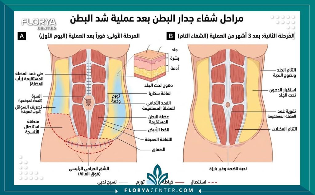 رسم توضيحي طبي لطبقات الجلد والعضلات يوضح التئام الجروح خلال مدة الشفاء من شد البطن.