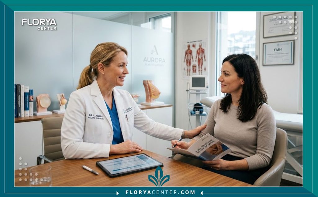 طبيبة جراحة تجميل تشرح للمريضة تعليمات الرعاية ما بعد العملية لضمان أفضل مدة شفاء من شد البطن في المستشفى.
