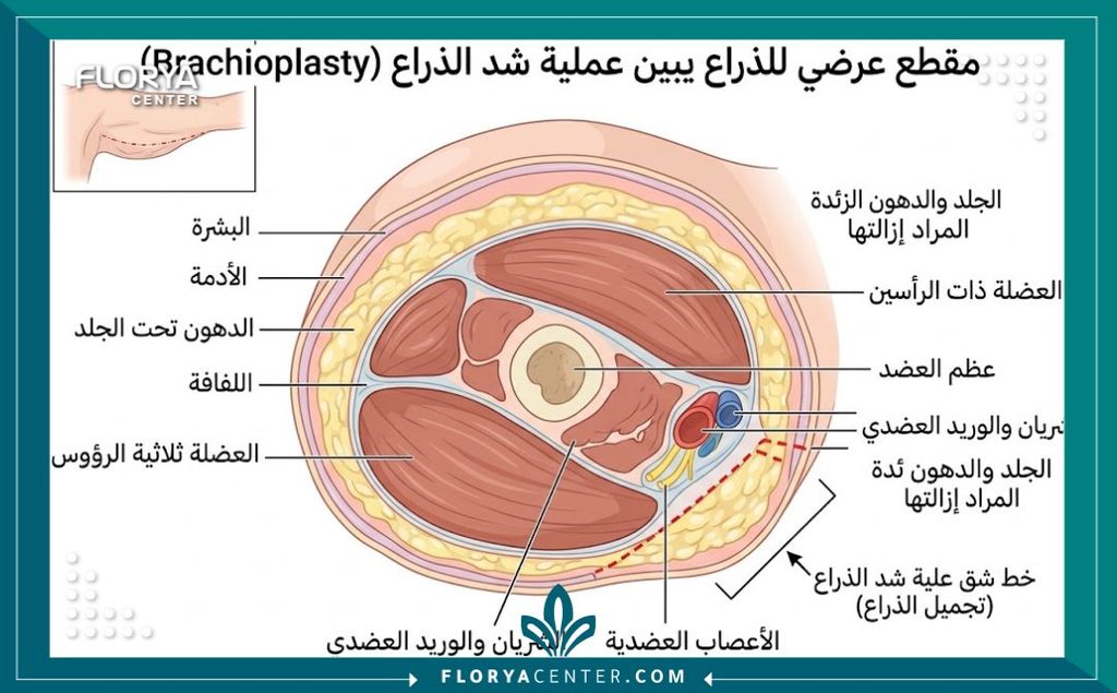 رسم توضيحي طبي دقيق يوضح مكان شق جراحة شد الزنود وطبقات الجلد المستهدفة.