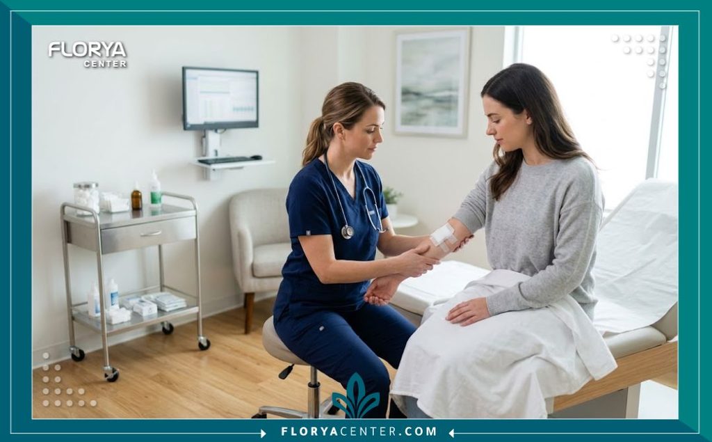 طبيبة تفحص جرح عملية شد الذراعين في عيادة تجميل حديثة لضمان التئام الجرح بشكل سليم وتجنب المضاعفات.