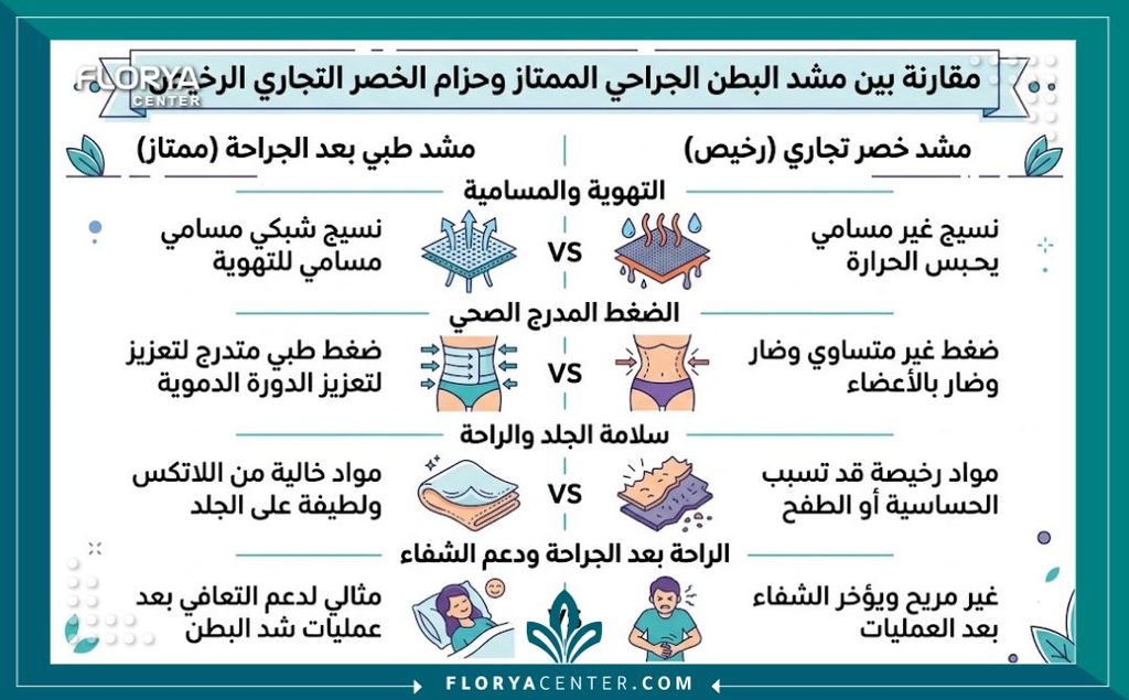 إنفوجرافيك يقارن بين المشد الطبي الأصلي المخصص لما بعد شد البطن والمشدات التجارية العادية من حيث التهوية والضغط وتوزيع الراحة.