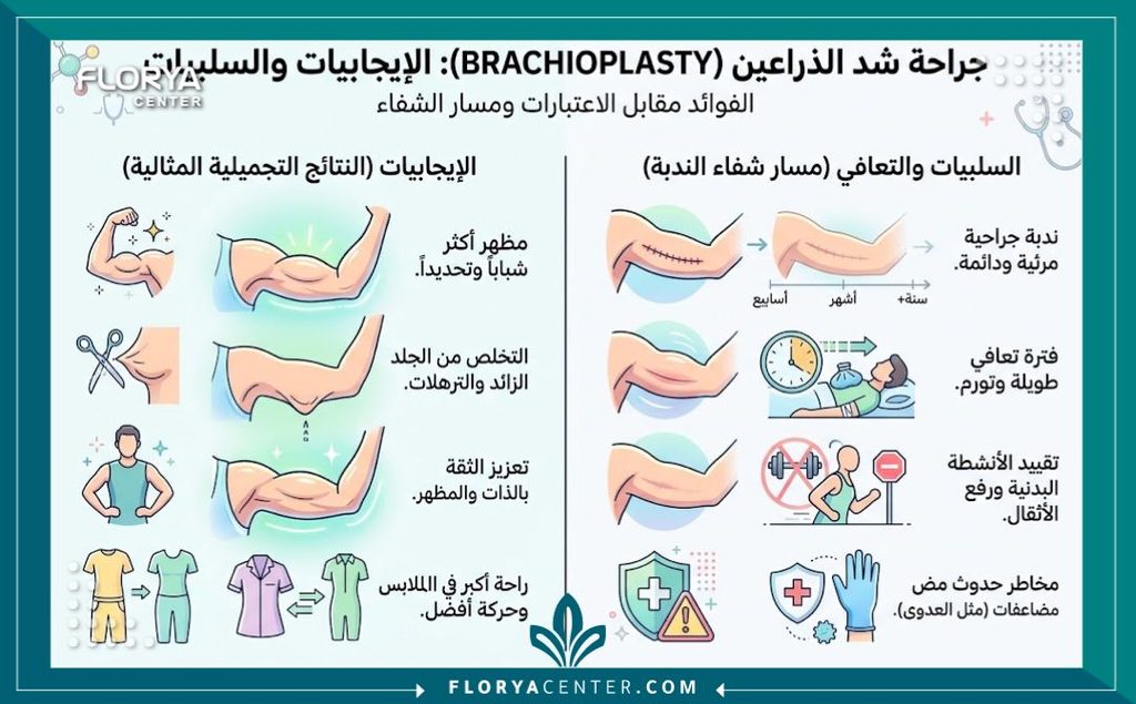 إنفوجرافيك يقارن بين مميزات التخلص من الترهل وشكل ندبة شد الزنود لتقييم هل العملية تستاهل من جربت عملية شد الزنود الجراحية.