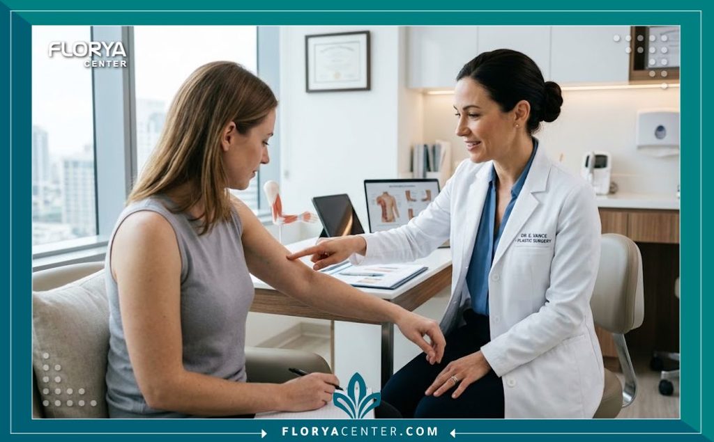 استشارة طبية في عيادة تجميل لمناقشة تفاصيل عملية شد الذراعين الجراحية وشكل الجرح المتوقع.