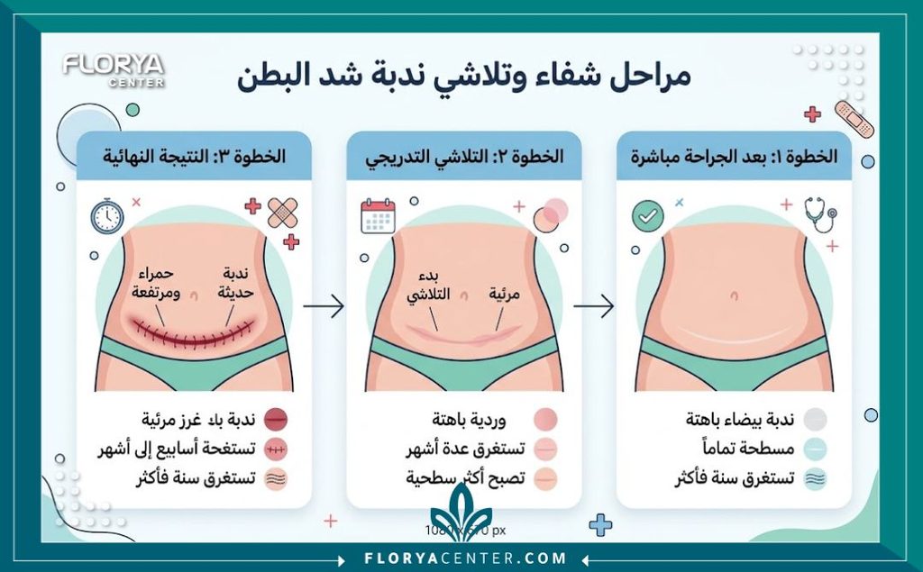ندبة شد البطن 3 إنفوجرافيك يوضح مراحل شفاء وعلاج تفتيح ندبة شد البطن بمرور الوقت حتى تصبح خطاً أبيض.