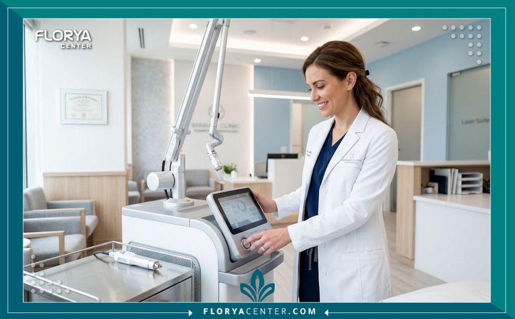 ندبة شد البطن 4 طبيبة تجميل تجهز أحدث أجهزة الليزر في العيادة لعلاج ندبة شد البطن وتفتيحها.