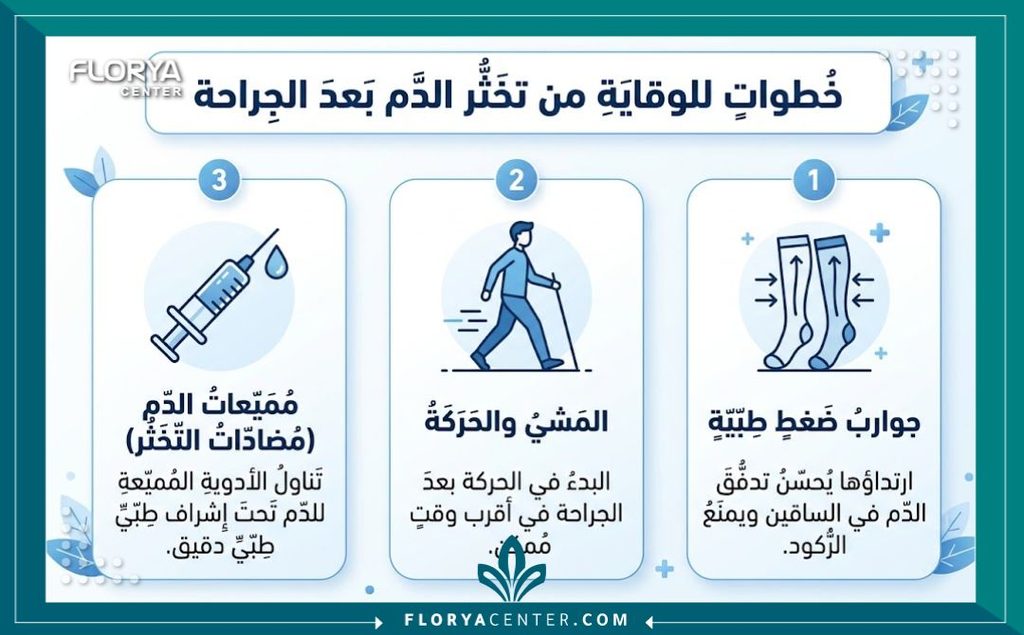 إنفوجرافيك يوضح أهم 3 خطوات للوقاية من التخثر الوريدي بعد عمليات التجميل: المشي المبكر، لبس الجوارب الضاغطة، وأخذ إبر السيولة.