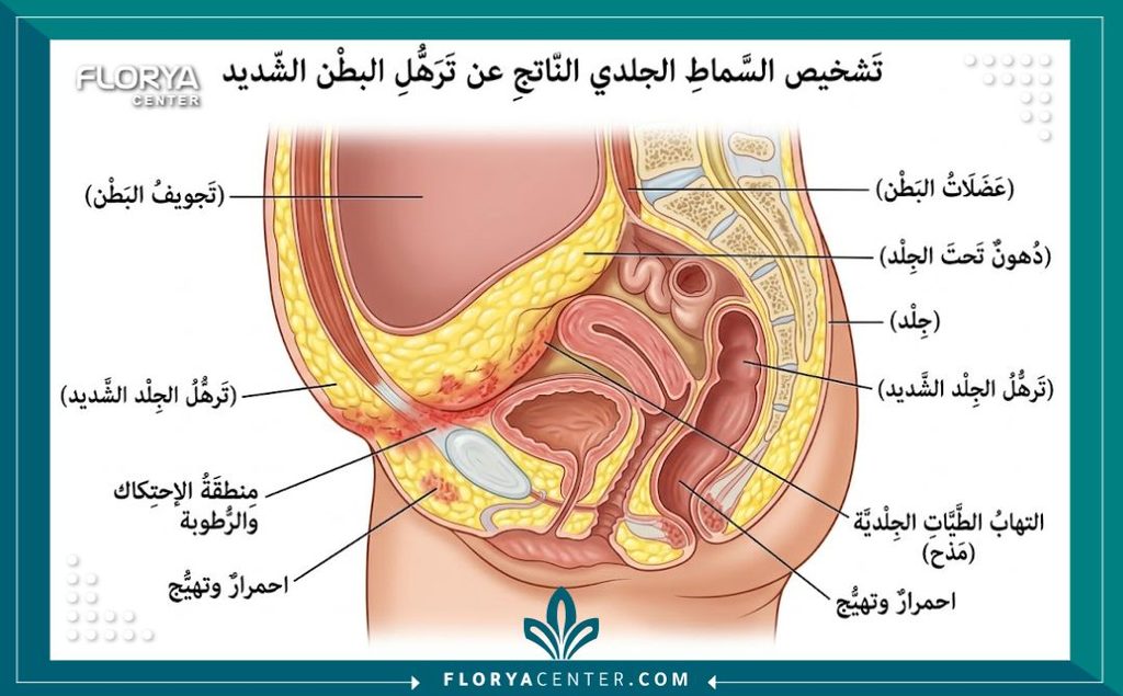 هل التأمين الطبي يغطي عملية استئصال الجلد المترهل؟ 2 رسم توضيحي طبي يظهر التسلخات والالتهابات تحت الجلد المترهل والتي تثبت الضرورة الطبية للعملية الجراحية.