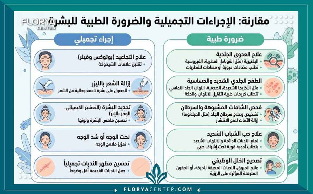 هل التأمين الطبي يغطي عملية استئصال الجلد المترهل؟ 3 إنفوجرافيك يقارن بين التجميل والضرورة الطبية لقبول التأمين الصحي لتغطية تكلفة إزالة الترهلات.