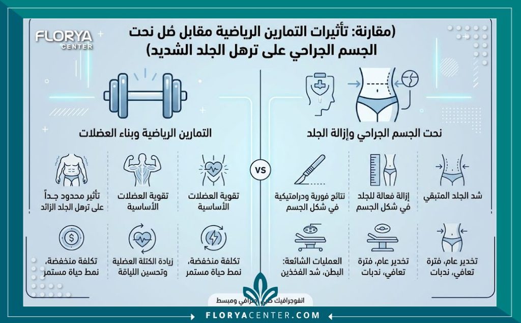 إنفوجرافيك طبي يقارن بين دور التمارين الرياضية في بناء العضلات ودور الجراحة التجميلية في استئصال الترهلات الجلدية الشديدة.