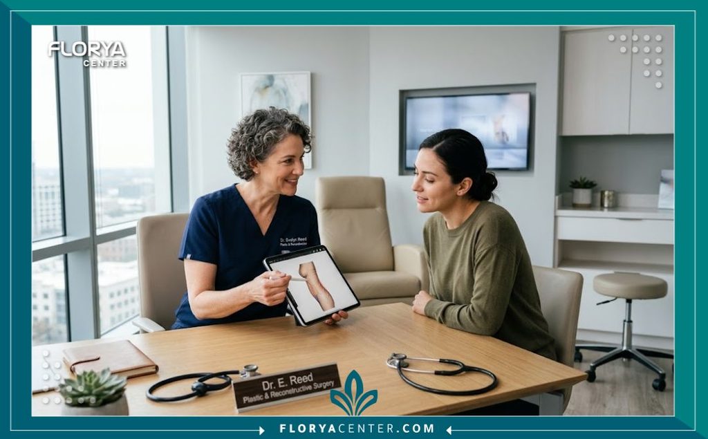 جراح تجميل خبير يشرح للمريض حتمية التدخل الجراحي لعلاج الترهلات الشديدة داخل عيادة طبية حديثة ومجهزة.