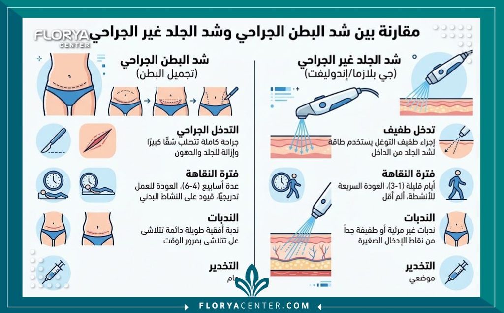 هل الليزر يشد ترهلات البطن 3 إنفوجرافيك مقارنة بين عملية شد البطن الجراحية والليزر يشد ترهلات البطن والجي بلازما من حيث فترة التعافي.