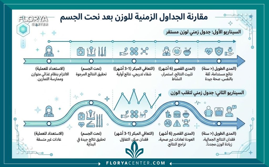 إنفوجرافيك يوضح أهمية ثبات الوزن لضمان استمرار وديمومة النتيجة دائمة لعمليات شد الجسم وتنسيق القوام.