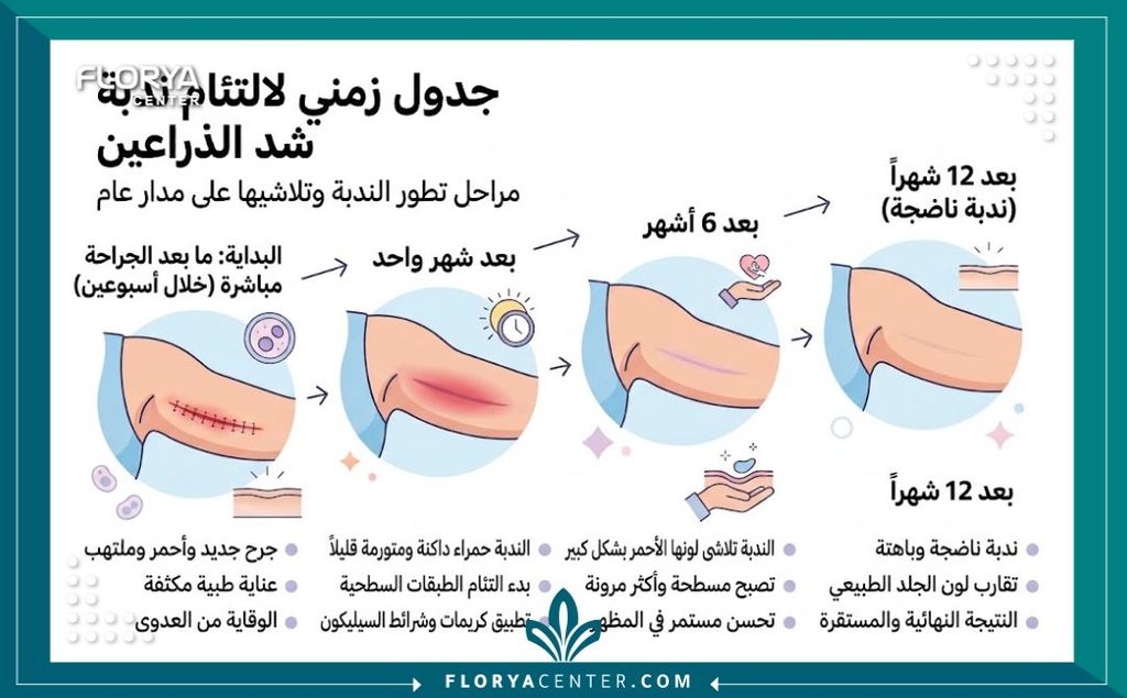 إنفوجرافيك يوضح مراحل التئام وتلاشي هل تترك عملية شد الذراعين ندبات بمرور الوقت حتى تصبح غير ملحوظة.