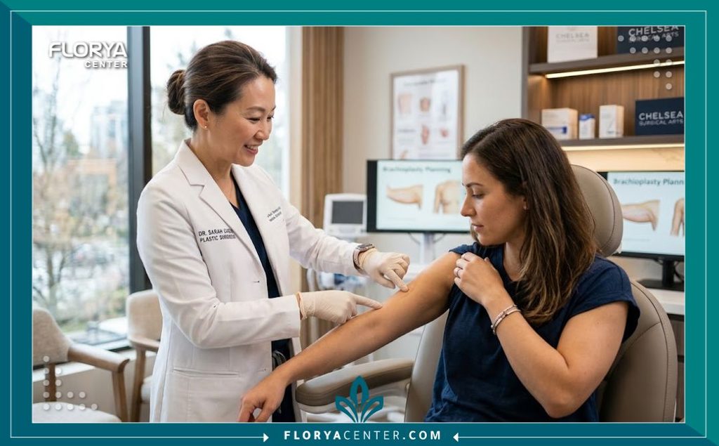استشارة طبية مع جراح تجميل متخصص لفحص الذراعين ومناقشة أحدث التقنيات لتقليل ندبات شد الزنود.
