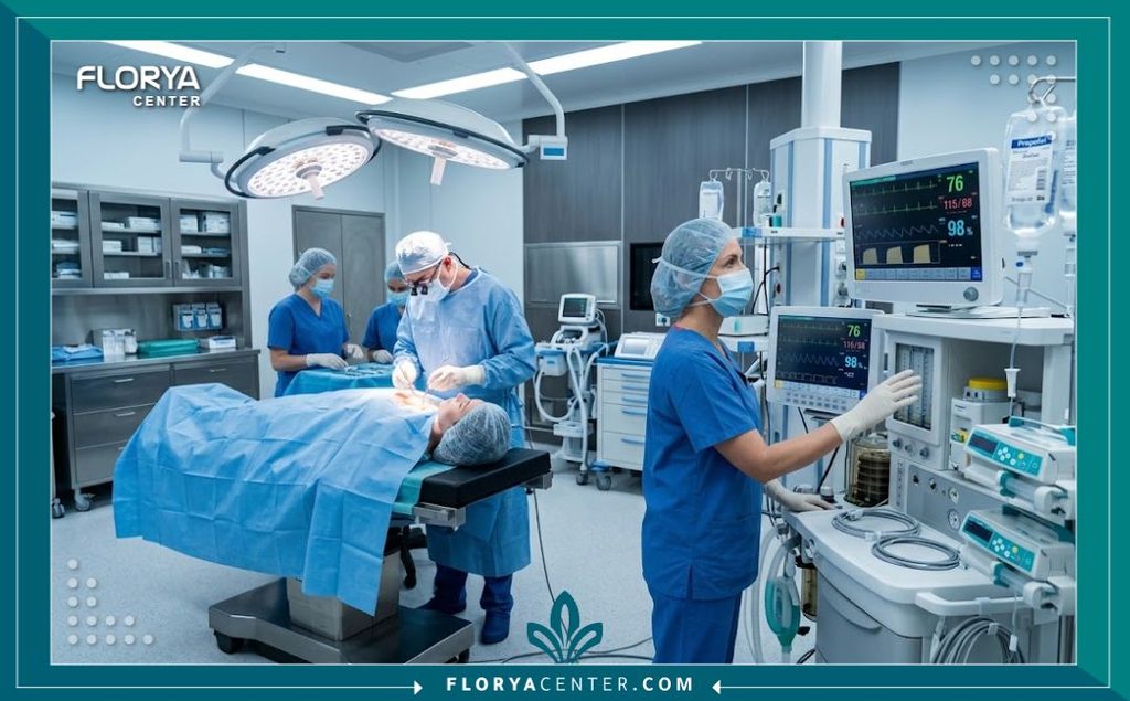 هل عملية المامي ميك أوفر خطيرة؟ 4 غرفة عمليات مجهزة بأحدث تقنيات المراقبة الطبية لضمان الأمان التام أثناء التخدير العام في جراحات التجميل.