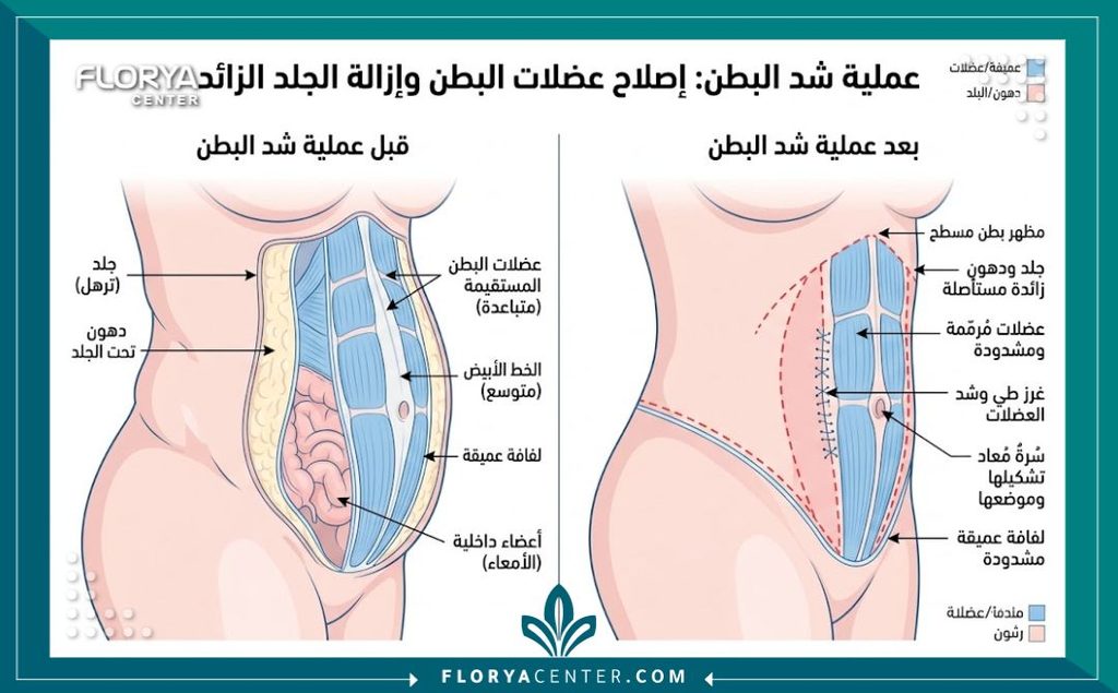 رسم توضيحي طبي لتشريح جدار البطن يوضح كيفية إصلاح العضلات بأمان أثناء عملية شد البطن الكبرى.