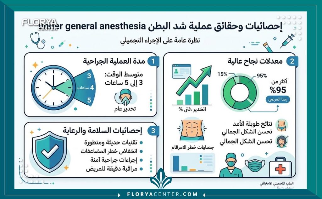 إنفوجرافيك طبي يوضح معدلات الأمان ونسبة النجاح ومدة التخدير العام في عملية شد البطن.