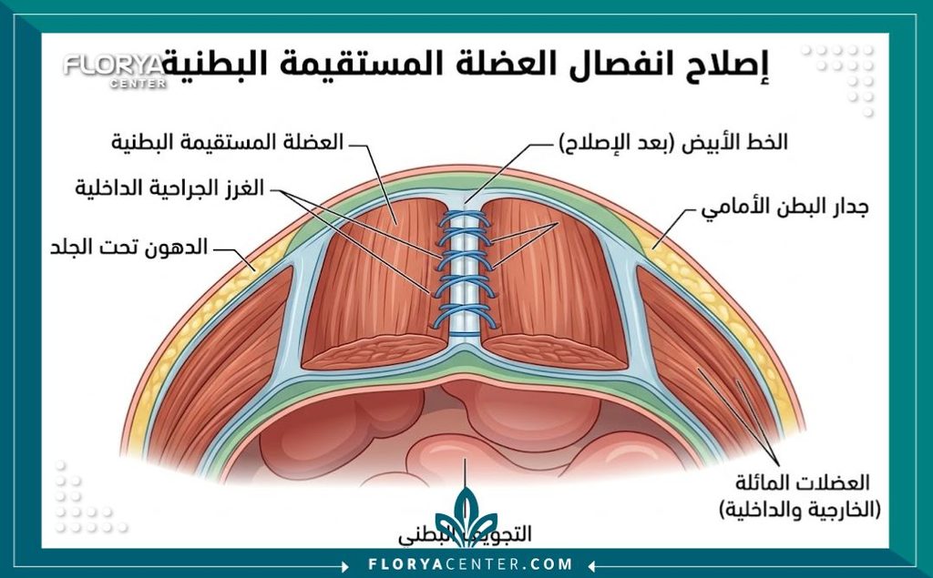 رسم توضيحي طبي يوضح متانة خياطة العضلات الداخلية لمنع عودة الانفصال العضلي بعد جراحة شد البطن.