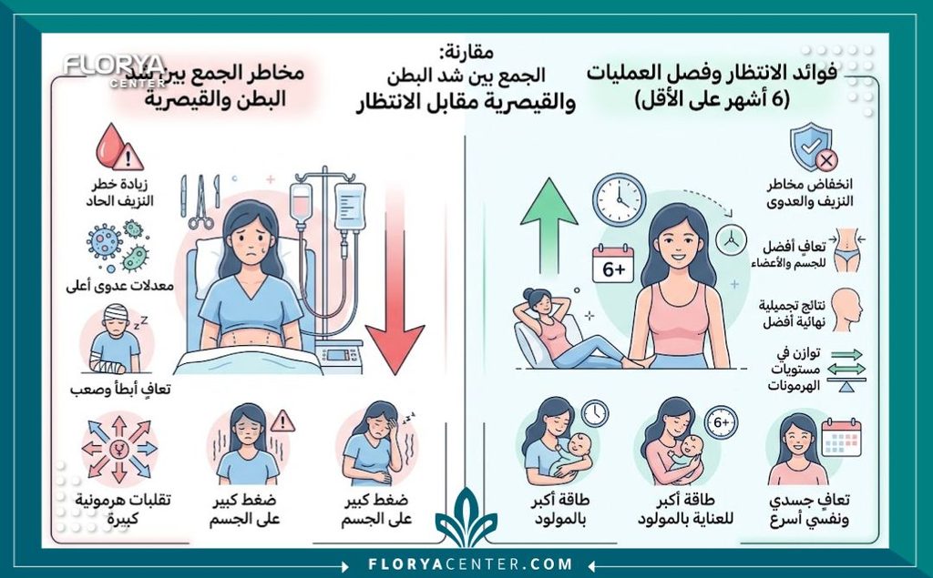 إنفوجرافيك يقارن بين مخاطر النزيف عند دمج شد الجسم مع الولادة القيصرية وفوائد الانتظار لتعافي الجسم والهرمونات.