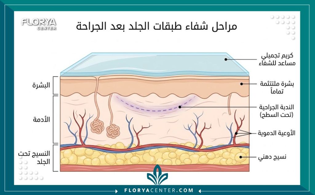 رسم توضيحي لطبقات الجلد يوضح التئام الجرح تماماً وسقوط القشور كشرط أساسي قبل البدء باستخدام كريمات التجميل بعد الشد.