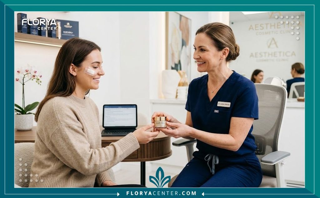 طبيب تجميل في عيادة حديثة يوجه المريضة ويشرح هل يمكن استخدام كريمات التجميل بعد الشد مباشرة أم لا.