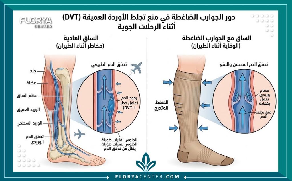رسم توضيحي طبي لدورة الدم في الساقين وكيفية الوقاية من جلطات الطيران بعد عمليات تجميل الجسم.