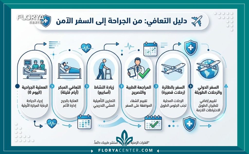 إنفوجرافيك يوضح الجدول الزمني الآمن السفر بالطائرة بعد عملية شد الجسم وموعد العودة بعد جراحة شد الترهلات لتجنب المضاعفات.