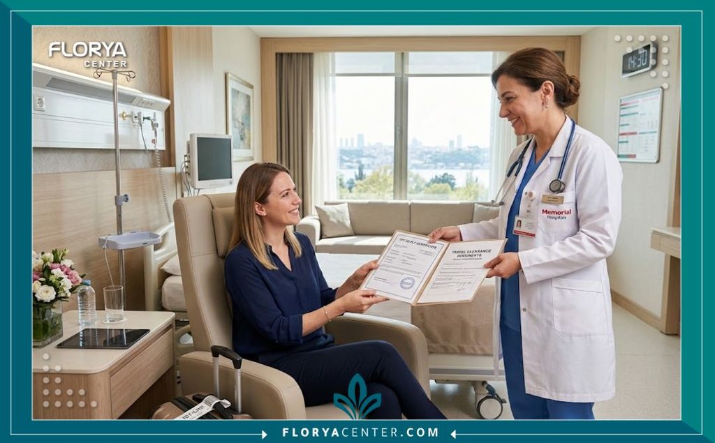 طبيب جراحة تجميل في مستشفى تركي يمنح المريضة تصريح السفر بالطائرة بعد التأكد من سلامتها للرحلة.