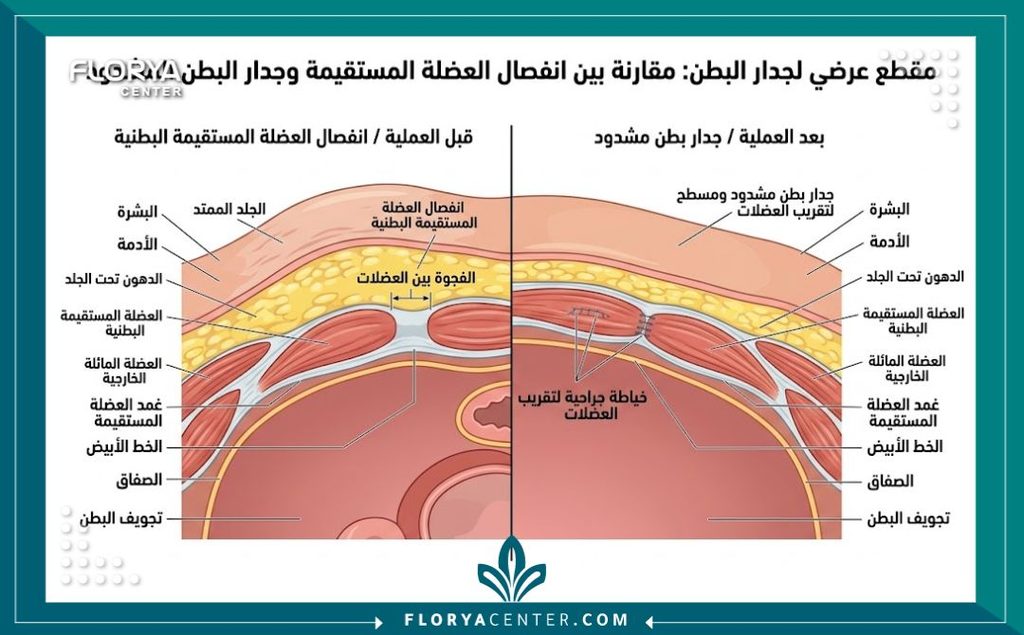 رسم توضيحي طبي لطبقات جلد البطن وعضلاته يوضح الفرق بين الترهلات الشديدة والبطن المشدود جراحياً.