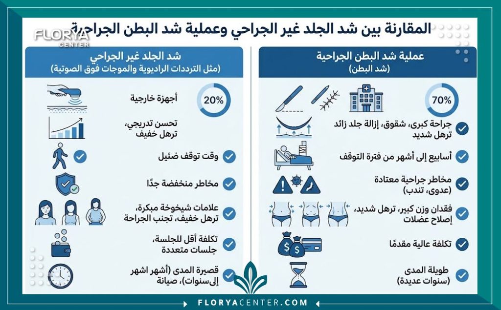 إنفوجرافيك يقارن فعالية أجهزة التخسيس الموضعي مقابل عملية شد البطن الجراحية للتخلص من الترهلات.